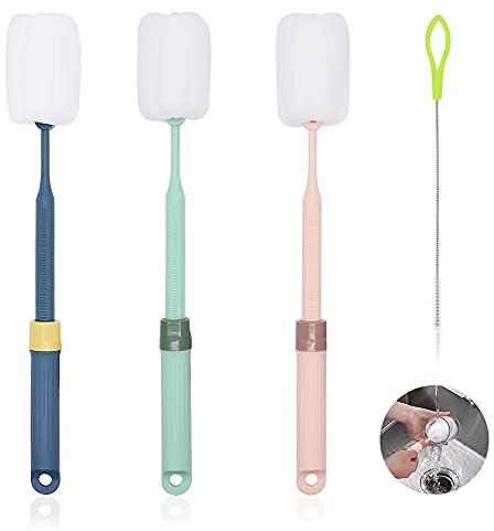 LZYMSZ 3-in-1 Bottle Cleaner, Comfortable Grip with Straw Cleaner, Adjustable Handle Sponge for Water, Baby, Beer Bottle & Cup (3 Colors)