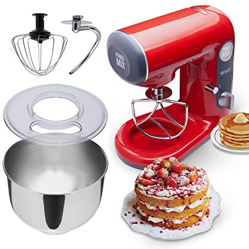 SOGO Power Mix Robot de Cocina Orbital Multifunción - Amasa, Bate, Mezcla, Bol giratorio de Acero Inox 5 litros y tapa anti salpicaduras, 5 velocidades + Turbo, Sin BPA,1000W Rojo (SS-14510)