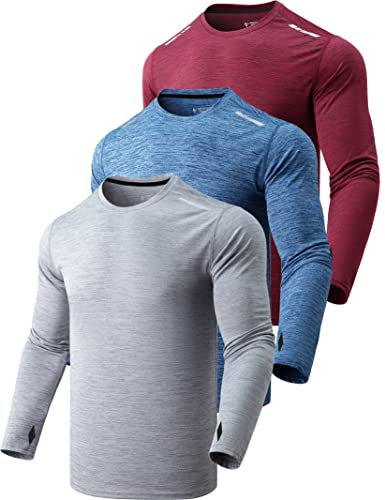 3 Pack: Men's Dry Fit Long Sleeve T Shirts, Lightweight Athletic Performance Tops with Thumb Holes Hiking, Heather Light Gray/Blue/Maroon, XL