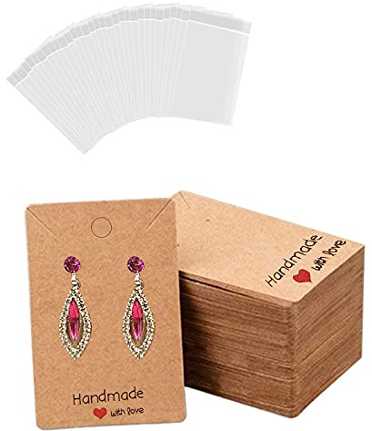 200 cartoncini in carta kraft per orecchini, fatti a mano, con amore, etichette per orecchini fai da te (100 biglietti porta orecchini, 100 sacchetti trasparenti