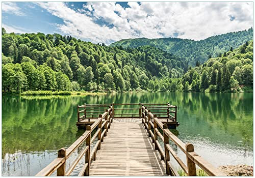 Wallario Vliestapete Fototapete Steg am See in den Bergen - Wandtapete Größe: 200 x 140 cm