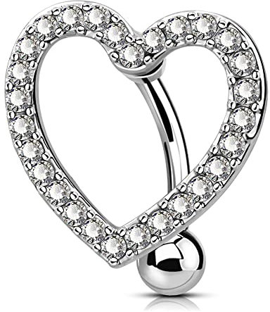 OUFER 14G Reverse Bauchnabelpiercing Chirurgenstahl Herz 12 mm Stablänge Lang Piercing Bauchnabel Bananabells CZ Nabelpiercing Silber Belly Button Piercing Bar Navel Ring