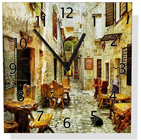 Wallario Design Wanduhr Italienische kleine Gasse aus Aluverbund, Alu-Uhr Größe 30 x 30 cm, Schwarze Zeiger mit Metalloptik