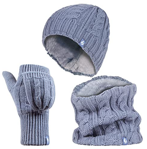 HEAT HOLDERS - Womens Thermal winter fleece cable knit Hat, Neck Warmer and Converter Gloves set (Dusky Blue)