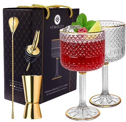 Vemacity Luxury Gin Glasses Set of 2 w/Gold Rims | Includes Gold Spoon, Spirit Measure & Pourer with Recipe e-Book | Crystal Gin Glass Gifts for Women | Aperol Spritz Gift Set & Cocktail Glasses