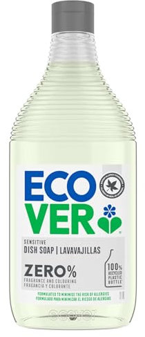 Ecover ZERO Lavavajillas - Lavavajillas a mano con ingredientes biodegradables a base de plantas, contiene 0% de fragancia y 0% de colorante, hipoalergénico y vegano - 450 ml