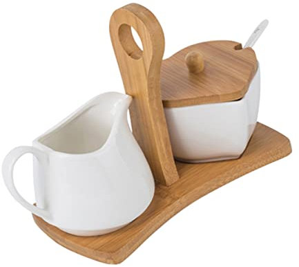 KICHOUSE Azucarero y Jarra De Crema De Cerámica Blanca con Bandeja y Cuchara De Bambú para Hogar y Hotel Set Práctico para Mesa Dulce