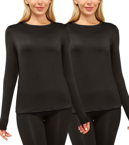 CL convallaria 2 4 Pcs Women's Thermal Underwear Fleece Lined Tops Long Sleeve Baselayer Shirt 2pc Black-Black M