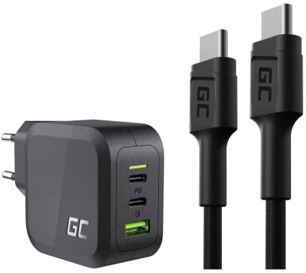 Green Cell Ladegerät PowerGaN PD 65W mit 2X USB-C PD 1x USB-A QC 3.0 Netzteil mit GaN Tech, Wandladegerät mit GC PowerStream 2m USB C - Typ C Kabel Nylon Ladekabel Schnellladekabel 60W Power Delivery