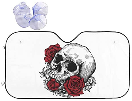 Parasole anteriore per auto, con teschio con rose, parasole per auto, pieghevole, adatta alla maggior parte delle auto