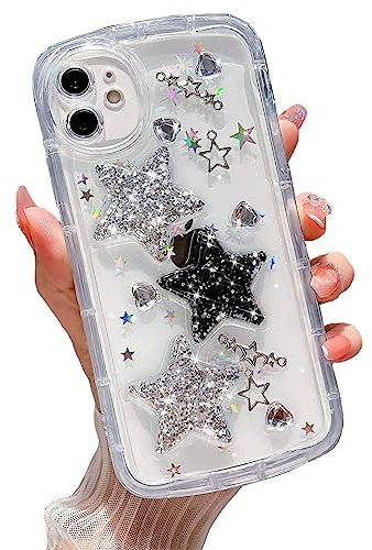 EYZUTAK Case for iPhone 11, Bling Glitter 3D Stars Cute Heart Design Phone Case Luxury Sparkling Crystal Clear Back Slim Soft Shockproof Protective TPU Bumper Cover for Women Girls - Clear
