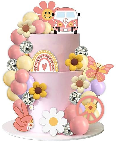 UFROMSKY 57pcs Groovy Cake Topper Boho Rainbow Cupcake Toppers Hippie Cake Decoration with Disco Balls and Daisy Flower Bus for 1nd 2nd Hippie Boho Theme Birthday Party Supplies