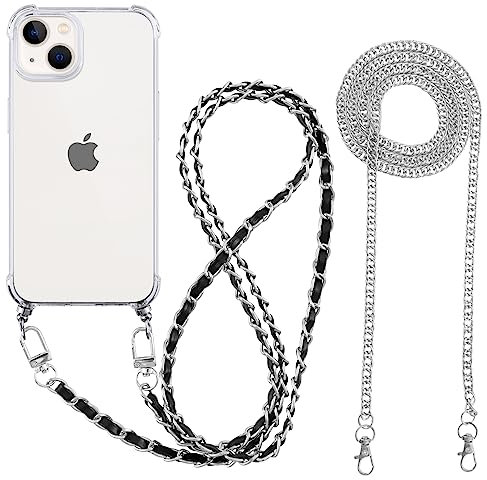 Pnakqil für iPhone 14 / iPhone 13 Hülle mit Band und Kette, Handyhülle Transparent mit [2 Stück] Handykette zum Umhängen Kordel Necklace, Weiche TPU Stoßfest Schutzhülle Case, Schwarze Silber & Silber