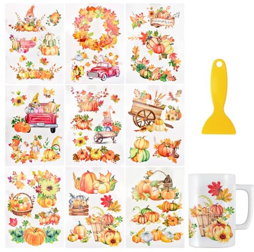 WANDIC 9 Sheets UV DTF Wraps Stickers,3D Autumn Fall Cup Decals Furniture Stickers Self-Adhesive Maple Leaves Transfers Window Decals for Glass and DIY Crafts