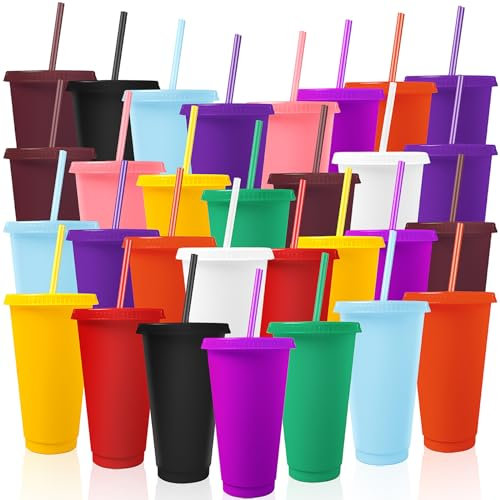 LYCN 30 Pack Reusable Plastic Tumblers with Lids and Straws, 700ml Cold Cups Bulk, Colour Coffee Cup Travel Mugs for Coffee Smoothie Milkshake Party