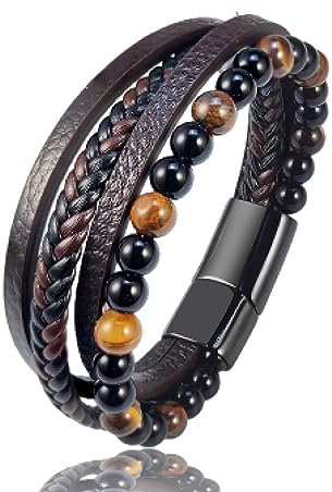 BISONBLUE Armbänder Herren Armband Geschenk Armreif Perlenarmband Mit Tigerauge-Stein Für Herren, Vierlagiges Lederarmband Mit Geschenk