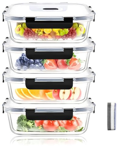 Hcrvvi Food Containers Set - Food Storage Containers 4 Pcs, with Upgraded Snap Locking Lids, Air Tight Lock Food Container, Glass Containers with Lids 1520ml, BPA Free, Meal Prep Containers Reusable