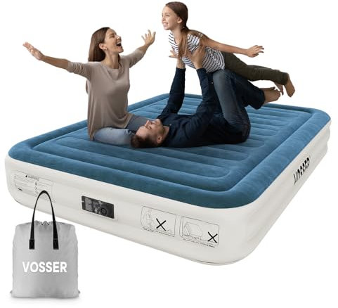 VOSSER - Queen air mattress with built-in pump, quick and easy inflation/deflation inflatable mattress, foldable mattress with storage bag, inflatable bed for home, camping and