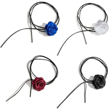 4 Stück Blumen Choker Kette für Frauen und Mädchen,Elegante Rosen Halskette,Persönlichkeit Schwarzer Choker,Lange Riemen Choker Halsband für Hochzeit,Geburtstag,Party (Schwarz,Rot,Blau,Weiß)
