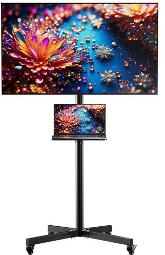 Rolling TV Stand for 26-55 Inch LCD LED Flat/Curved Panel Screen TVs, Portable TV Stand with Wheels & Media Shelf. Angle Adjustable TV Cart with Lockable Wheels, Max VESA 400x400mm