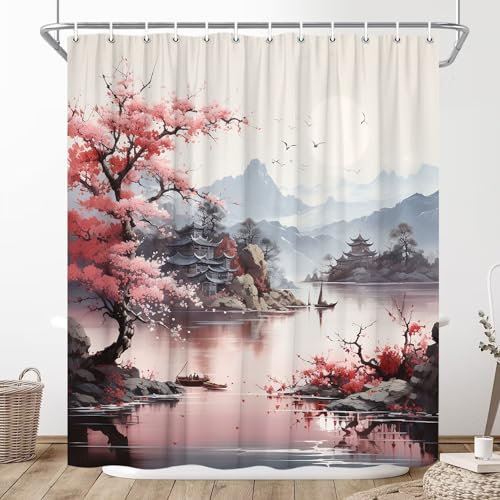 XHCEOH Rideau de douche avec crochets - Peinture à l'huile - Fleurs de cerisier - Style rustique - Printemps - Lacs - Style asiatique japonais chinois - Plantes - Décoration de salle de bain - 150 x