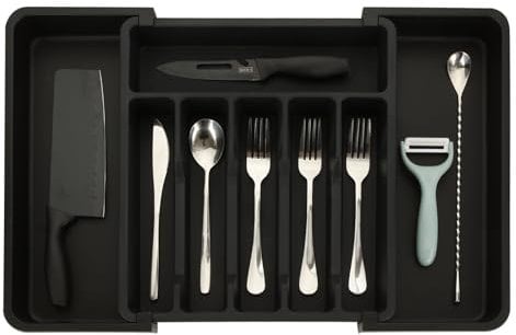 ASelected Cutlery Drawer Organiser Expandable Kitchen Utensil Tray Adjustable Silverware And Cutlery Holder 5 or 8 Compartments Storage Spoons Forks Knives Black
