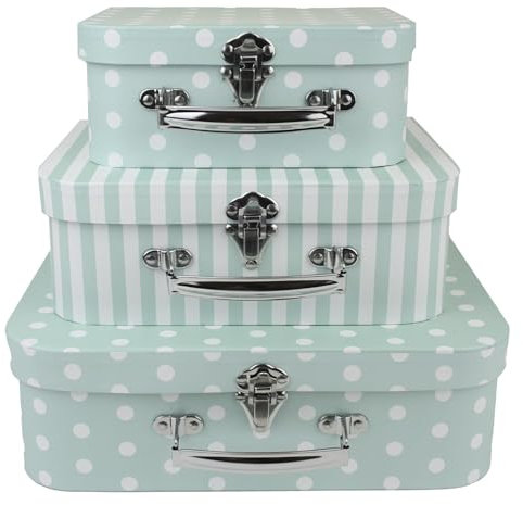 Emartbuy Sea Green Polka Dots & Stripes Gift Boxes Set of 3 – Prebuilt Cardboard Suitcase Design with Metal Handle & Clasp – Elegant for Hampers & Décor – 30.2×21.9×9.5/25×18.8×8.8/20.2×16×8.2 cm