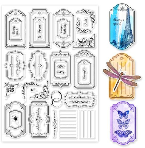 GLOBLELAND 8.3x11.7 Zoll Vintage Etikettenecken Transparente Silikonstempel Ecken Flecken Klare Stamps Etikett Silikonstempel Für Kartengestaltung DIY Prägung Journaling