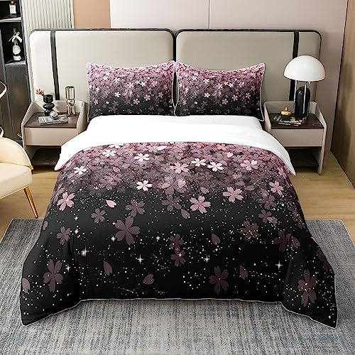 Loussiesd Kirschblüten 100% Baumwolle Bettwäsche Set 135x200cm Japanese Style Bettbezug Set Baumwolle Bettwäsche Sakura Blume Bettbezug Set Floral Botanical Betten Set Spring Rosa Bettwäsche-Set