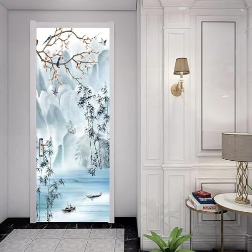 Sticker Porte Style Chinois Papier Peint Porte Paysage Bambou 3D Stickers de Porte Trompe l'Oeil Autocollant de Décoration pour Porte Mural Salon Chambre Poster Porte 85x200 cm 7408m