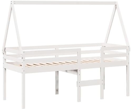 vidaXL Hochbett, Kinderbett mit Dach Leiter Sperrholzlatten, Spielbett für Kinderzimmer, Bett Holzbett Einzelbett, Weiß 80x200cm Massivholz Kiefer