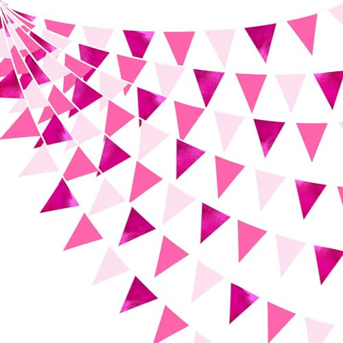 32Ft Metallic Hot Pink Light Pink Bunting Banner Party Decorations Fabric Triangle Flag Pennant Garland Streamers for Girl Birthday Wedding Baby Shower Bridal Shower Flamingo Outdoor Hanging Decor