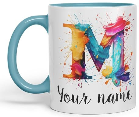 Vixar Personalised Letter M Mug, Alphabet cusomized Custom Letter M Monogram Watercolour Ceramic Coloured Mug Cup for Tea Coffee Hot Brew 330ml 11Oz Gift (Turquoise)