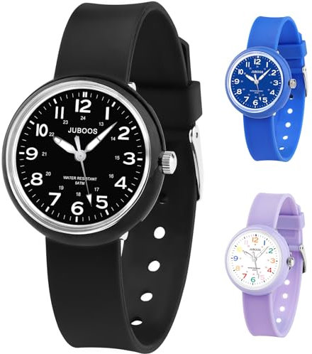 Juboos Kinderuhr Madchen, Armbanduhr Mädchen Junge Zeit Lernen Wasserdicht 3ATM,Uhr Kinder Analog 5-15 (Schwarz Weiß)