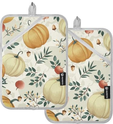 Presine da cucina con zucche autunnali, foglie e mele, guanti da forno con tasca, resistenti al calore, confezione da 2