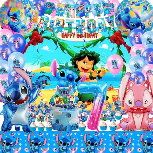 Stitc Geburtstagsdeko 7 Jahre, Lil Stitc deko Geburtstag mädchen Jungen, Stitc Deko Geburtstag Kinder Set Mit Stit-ch Luftballon-Banner, Stitc tortendeko, 3D Lil Stitc Folienballon, Tischdecken