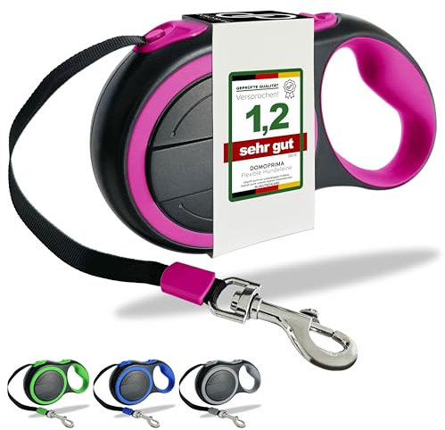 DOMOPRIMA Flexible Hundeleine 5 Meter, 3 Größen (S,M,L), 4 Farben (grau, blau, grün, pink) - Rollleine sehr gut geprüft - Robust und sicher. Leine für kleine, mittlere und große Hunde (Pink, M)