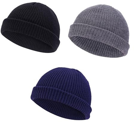 3PCS Wooly Hat for Men, Beanie Hat Men, Fisherman Beanie, Mens Beanie Hat, Roll Up Edge Skullcap, Perfect for Winter Fashion, Outdoor Activities, and Everyday Wear (Deep Grey, Black, Navy)