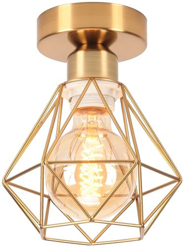 iDEGU Indistrielle Deckenleuchte 16cm Deckenlampe aus Metall Lampenschirm Gold Käfig Retro Kronleuchter E27 Vintage Pendelleuchte für Flur Eingang Küche Schlafzimmer