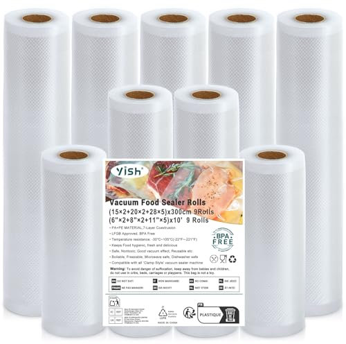YISH Vakuumierbeutel 9 Rollen:Vakuumierfolie 15/20/28x300cm, Vakuumbeutel Lebensmittel für Vakuumiergerät/sous Vide/Mikrowellen, Vakuumbeutel Lebensmittel aus Lebensmittelechten Materialien