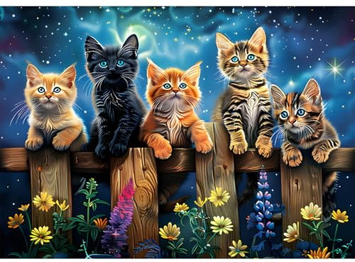 GDYEEH 5D Chat Mignon Peinture Diamant Painting Kit, DIY Chatons Art du Diamant Complet Kits, Fleurs Diamond Art Kits Strass Point de Croix Painting pour Adultes Débutants Maison Décor 40x30cm