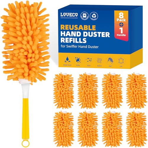 8 Stück Staubwedel Waschbar für Swiffer Duster Staubmagnet Nachfüllpack, 360° Wiederverwendbar Tücher für Swiffer Staubwischer (inklusive 1 Griff und Wäschesack)