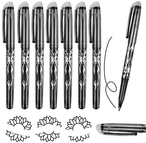 Erasable Pens Black Eraser Pen, 8pcs Friction Pen with Eraser, 0.7mm Rub Out Pens with Rubber Gel Ink Pens for Kids Adults School Work Paperwork