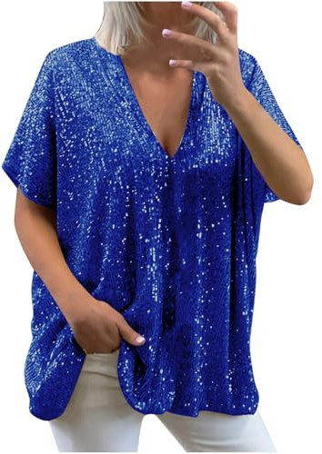 Sequin Tops for Women UK Loose Sexy Deep V Neck Short Sleeve Glitter Sequin T Shirts Plus Size Fashion Solid Sparkly Blouses Evening Party Club Tee Shirts Summer Tops S-XXXL