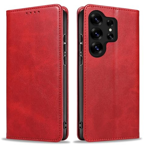 LBH Handyhülle Smartphone-Hülle für Samsung Galaxy S25 Ultra Klapphülle Magnetverschluss Kartenfächer Geldfach Standfunktion Case Etui Rundumschutz Schutzhülle Rot
