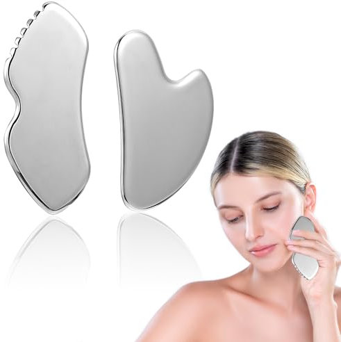 MBAIYO 2Pcs Gua Sha Stein Edelstahl,Metall Gua Sha Schaber mit Zähnen Guasha Scraping Massage Tool Body guasha Gesichtsschaber Gesichtswerkzeug Hautpflege Geschenk für Schlankeres Gesicht Konturierung