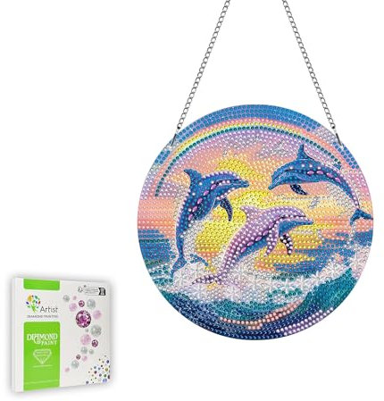 Ginfonr Diamond Painting Kits Anhänger, Delfin Diamond Künstler für Deko Haustür, Landschaft Diamantmalerei Sonnensegel für Wanddeko, Doppelseitige Hängedeko Fenster (20x20 cm)