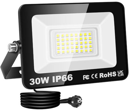 RIGIDON Focos Led Exterior & Interior con Enchufe, 1x 30W 3000 LM Foco de Luz, Proyector LED para Jardín Patio Plaza Garaje Terraza Estadio Trabajo, IP66 Impermeable 6000K Blanco Frío Iluminacion