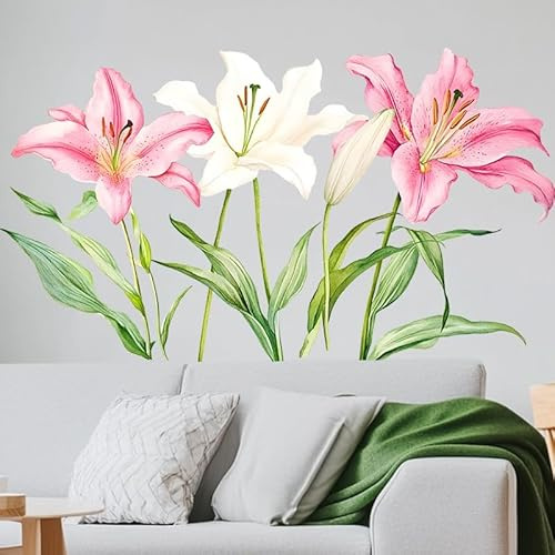 Sticker mural motif fleurs de lys rose et blanc, grand autocollant mural, 60 x 34 cm