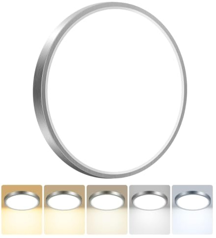 Peasur Deckenlampe LED Deckenleuchte Flach,5Farben-3000/3500/4000/5000/6500K,Wasserfest Badezimmer Lampe Decke,18W Modern Rund Lampe für bad flur schlafzimmer Wohnzimmer,30 * 1.6cm Nickel